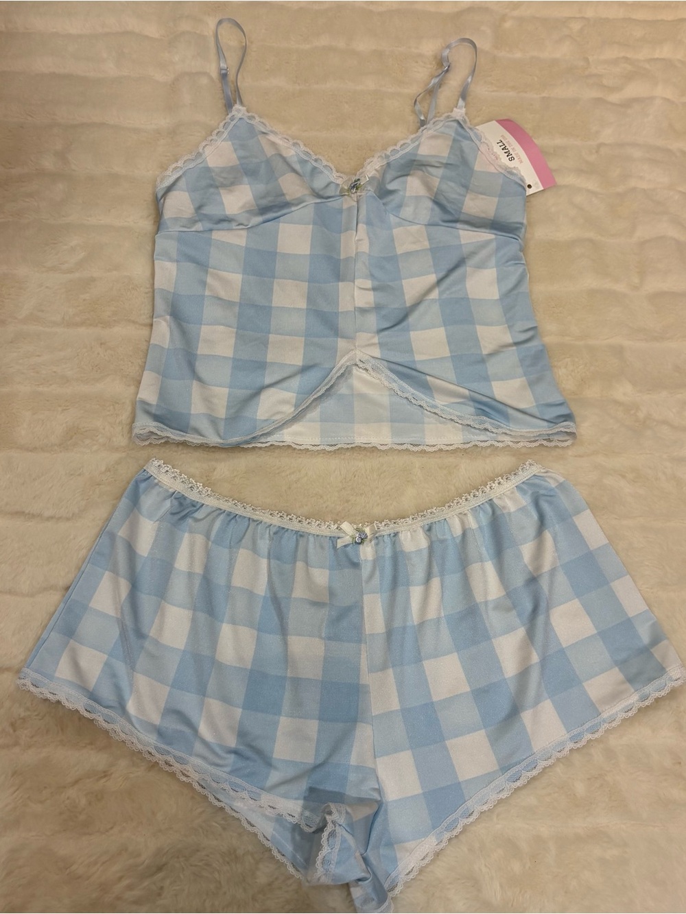 Light Blue & White Gingham Lace-Trim Camisole and Shorts Sleep Set handmade